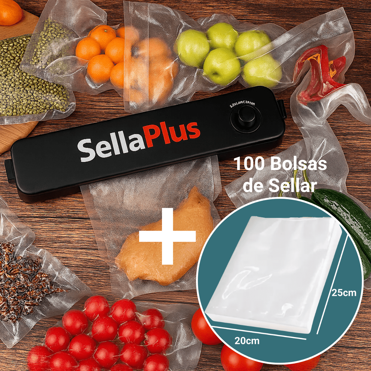 SELLAPLUS® MAQUINA SELLADORA AL VACÍO + 100 Bolsas de Sellar + REGALO ESPECIAL 🎁